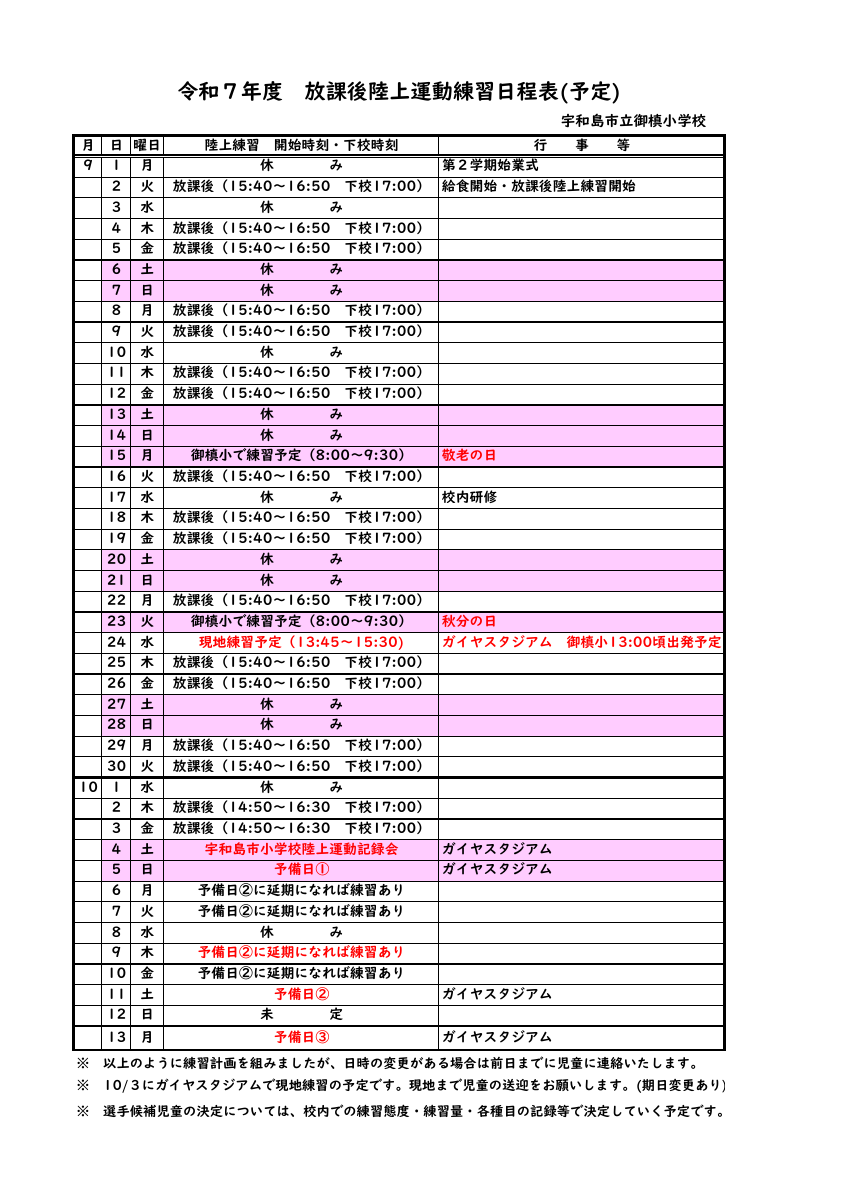 r７_放課後陸上練習日程表.pdfの1ページ目のサムネイル